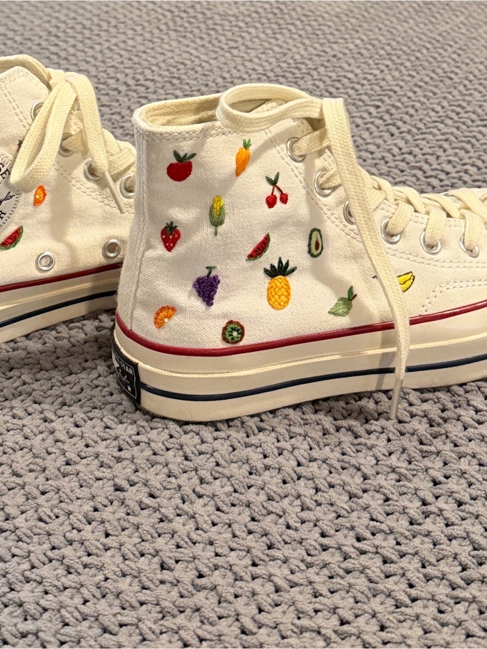 Converse Custom White High-Top Womens/ Kids Sneakers with Fruit Embroidery